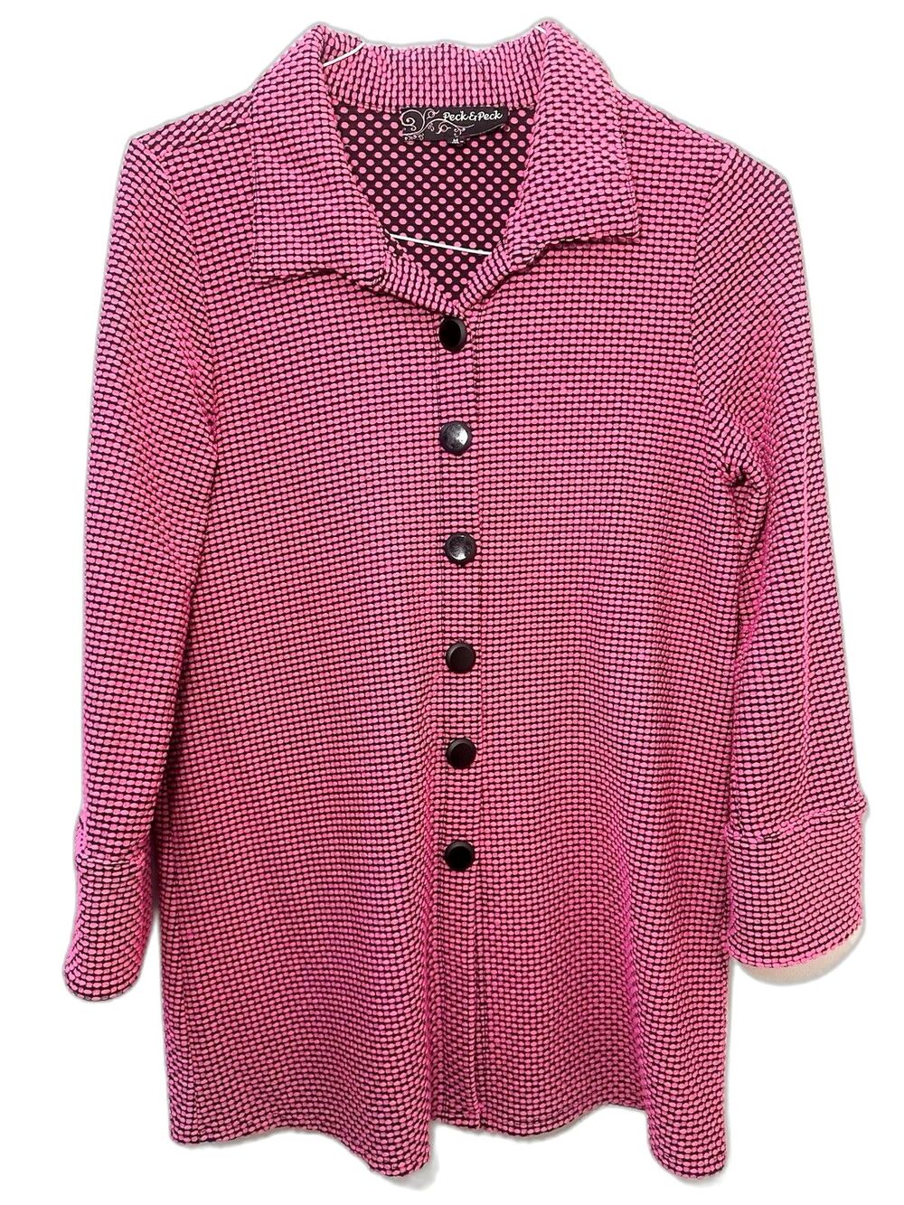 Vintage Peck & Peck Bright Pink Polka Dot Button Front Blouse Made USA M Artsy